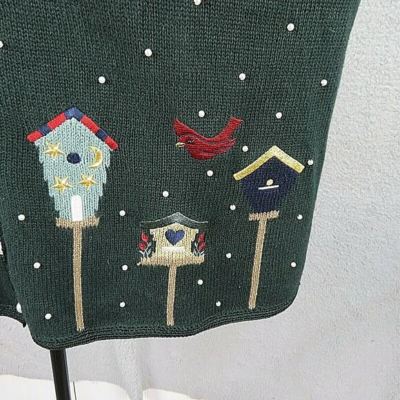 Vtg 90s CJ Banks Sweater Vest Women 1X Knit Bird Houses Green Beads Spring Fall - Picture 4 of 11